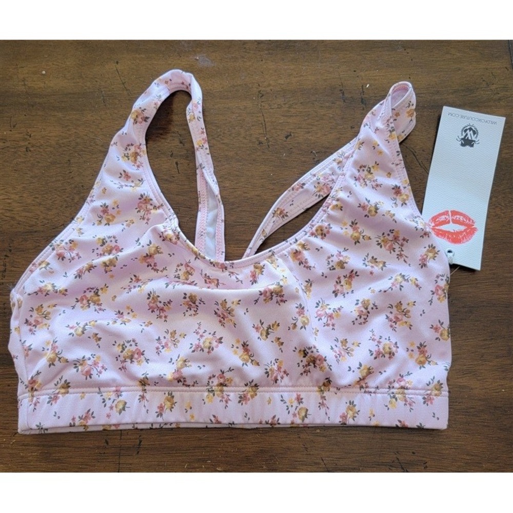 NWT WildFox XS T Back Sports Bra Pink Yellow Rose 121523